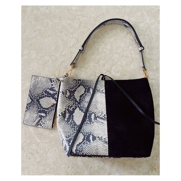 Stuart Weitzman Snakeskin and Black Suede Colorblock Bucket Bag - Picture 1 of 13